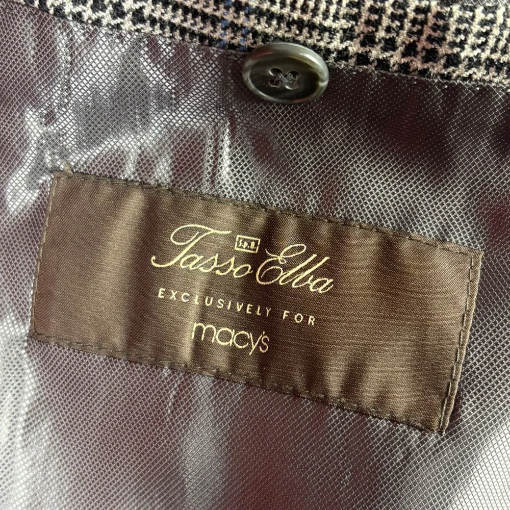 Tasso Elba Sport Coat Men 42R Grey Blue Silk Camel Hair Glen Plaid Blazer Jacket